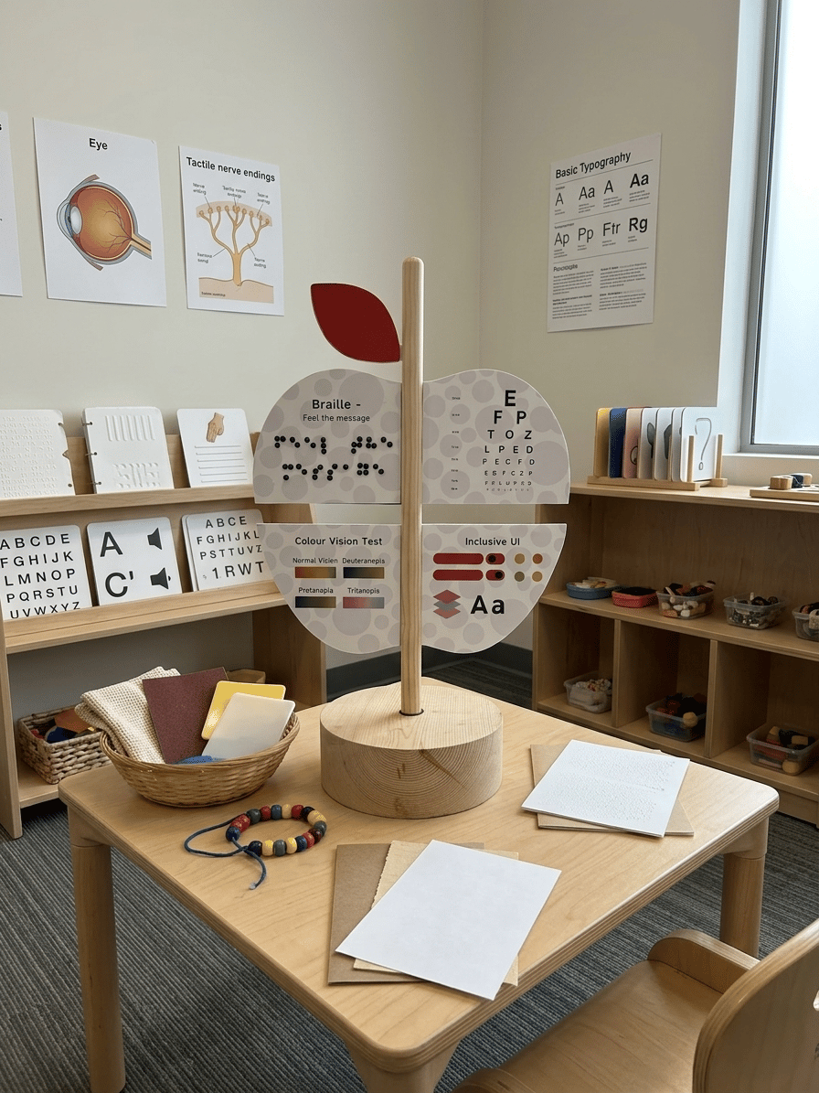 Accessible Design Exhibit — Classroom display with apple-shaped Principles of Accessible Design installation and tactile learning materials