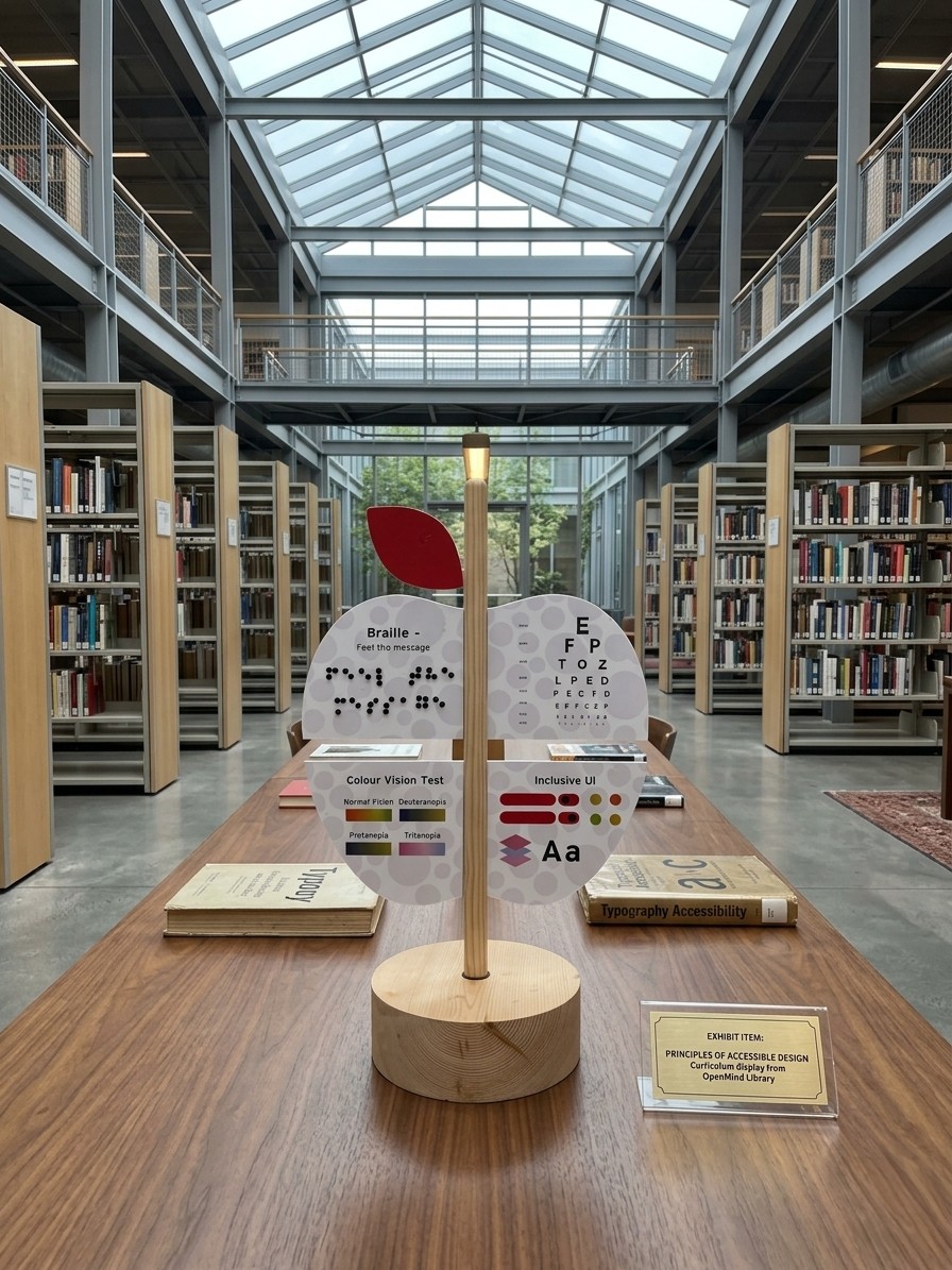 Accessible Design Exhibit — Library display with Principles of Accessible Design certification from OpenMind Library